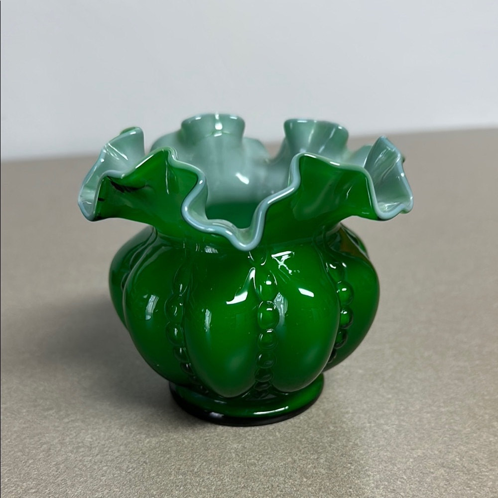 Fenton art glass Ivy Green Beaded Melon Double Ruffle Vase Vintage 1948 to 1953